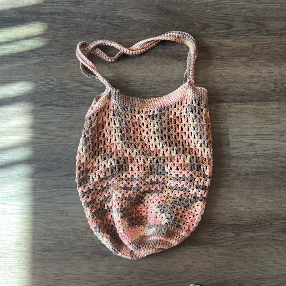 Handmade crochet brown and pink tote bag
